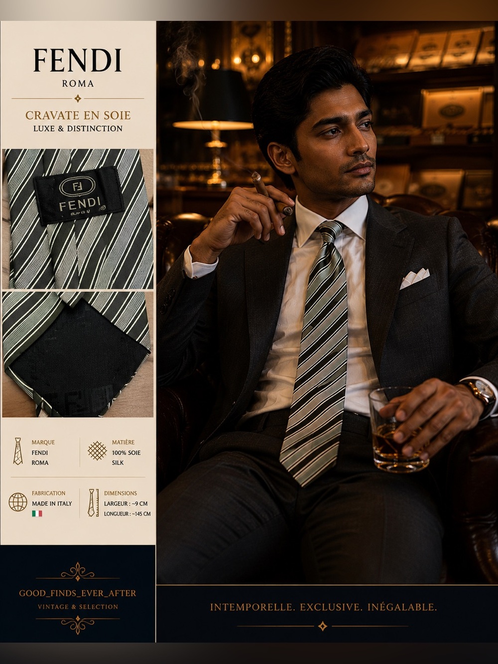 Fendi Striped Silk Tie in Olive Green and Black